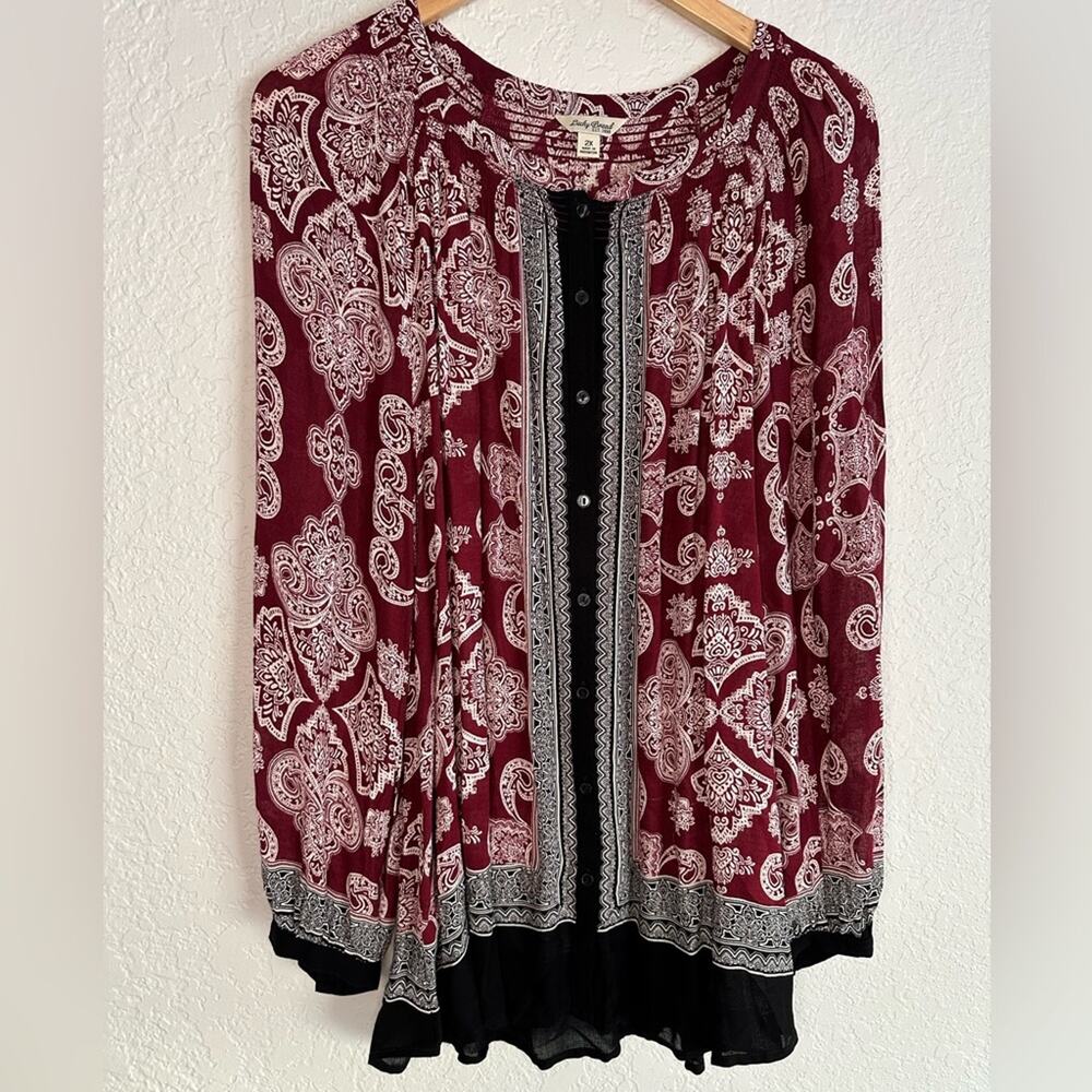 Lucky Brand 2X Paisley Maroon Black Button Up Blouse Top Fall Dark Goth